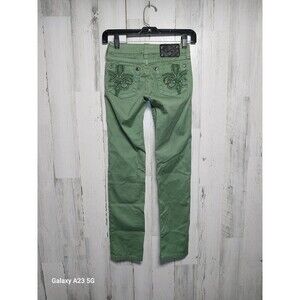 Miss Me Girls Rhinestone Embroidered Skinny Jeans Sz 12 Low Rise Green Pine